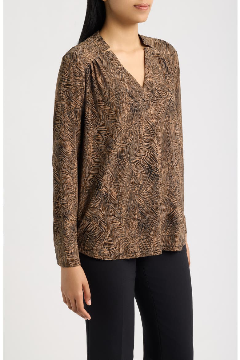 Printed Notched V-Neck Long Sleeve Top, Alternate, color, ANNE BLACK / VICUNA