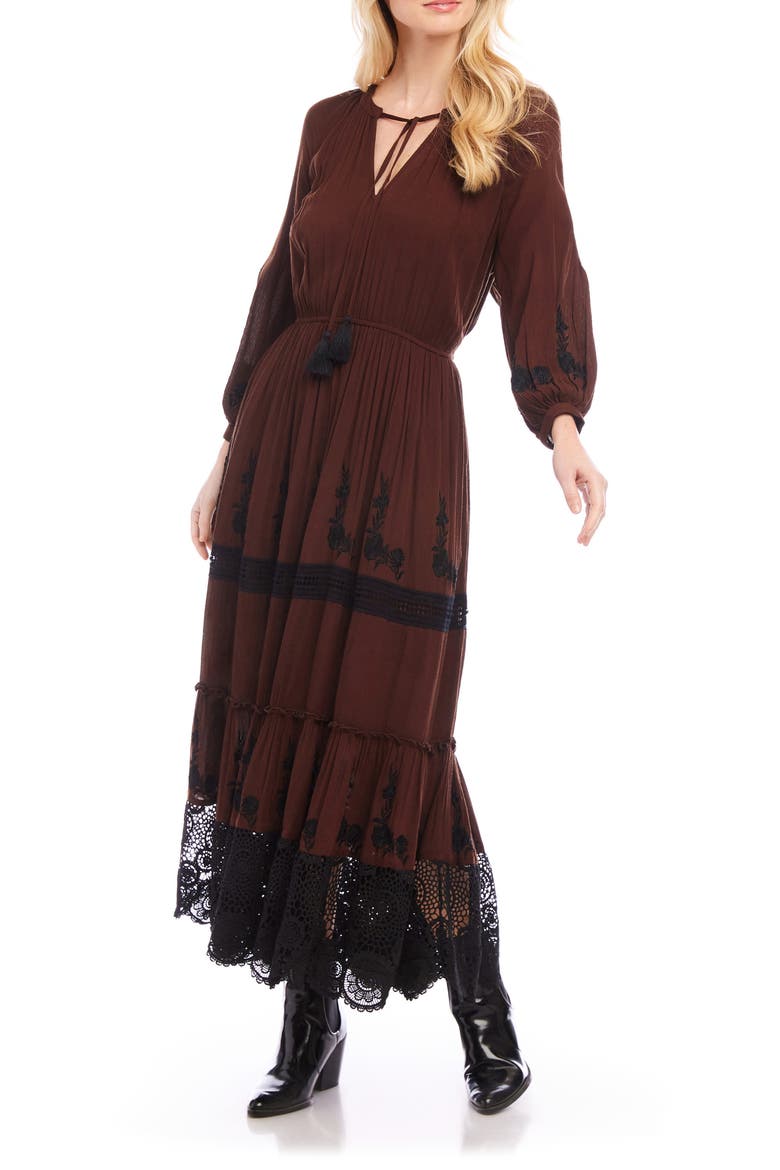 Long Sleeve Embroidered Lace Maxi Dress, Alternate, color, BROWN WITH BLACK