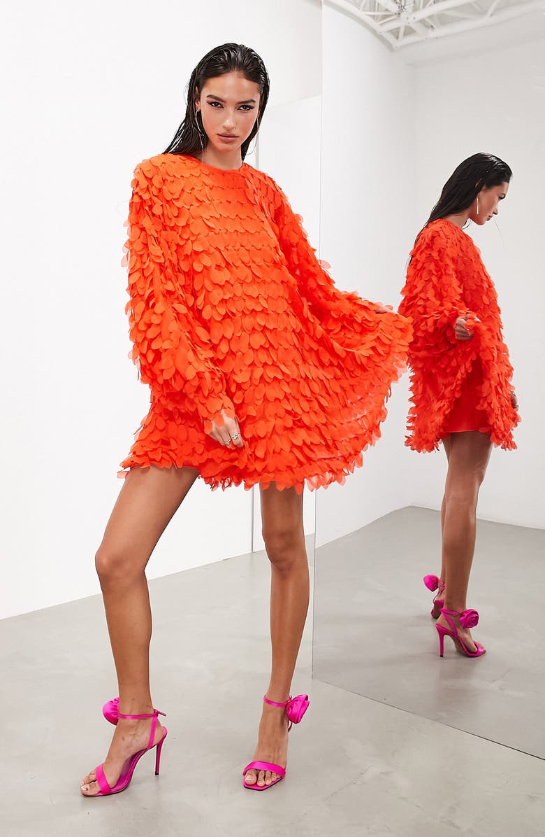 ASOS DESIGN EDITION Appliqué Long Sleeve Trapeze Minidress, Main, color, 