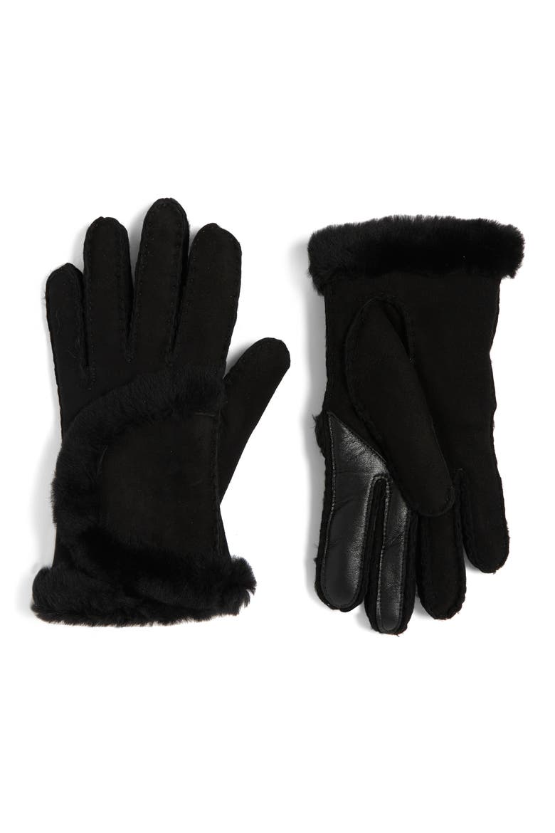 Genuine Shearling Exposed Curve Seam Gloves, Main, color, BLACK