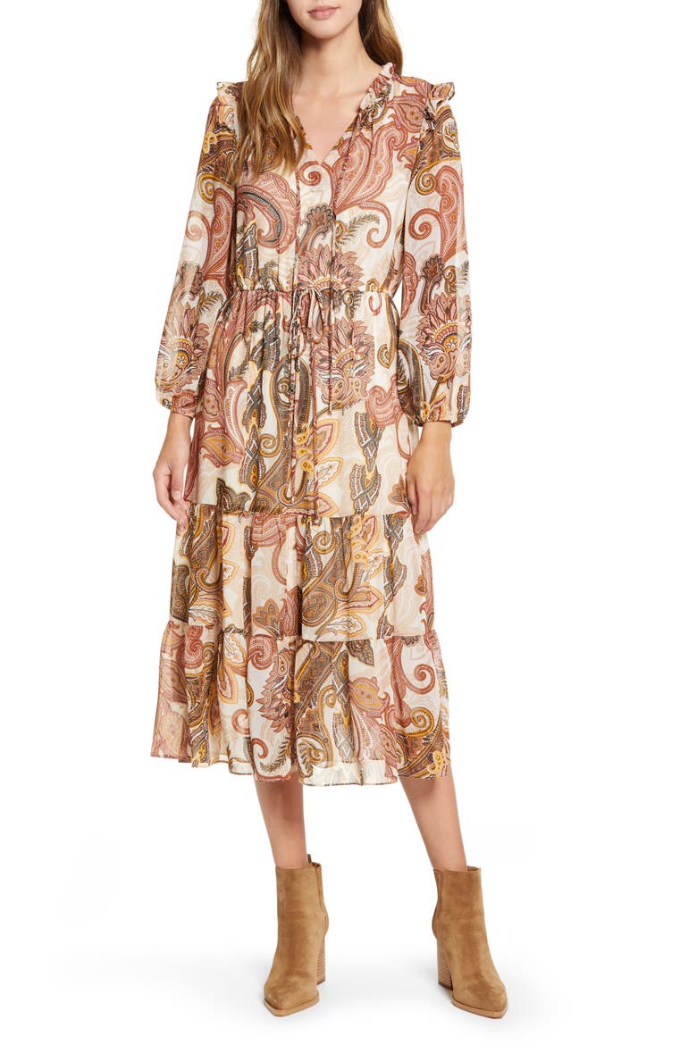 Long Sleeve Tiered Chiffon Midi Dress, Main, color, IVORY MULTI