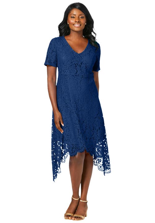 Jessica London Lace Handkerchief Dress In Blue