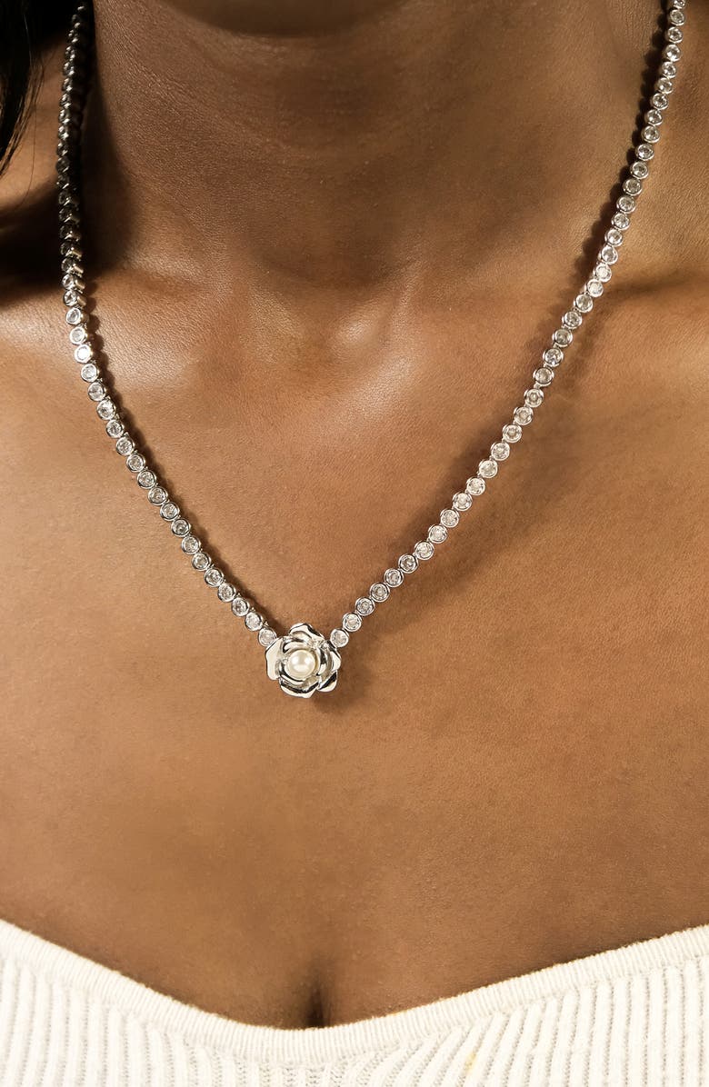 Sterling Forever Rosa Pearl Flower Cubic Zirconia Tennis Necklace, Alternate, color, Silver
