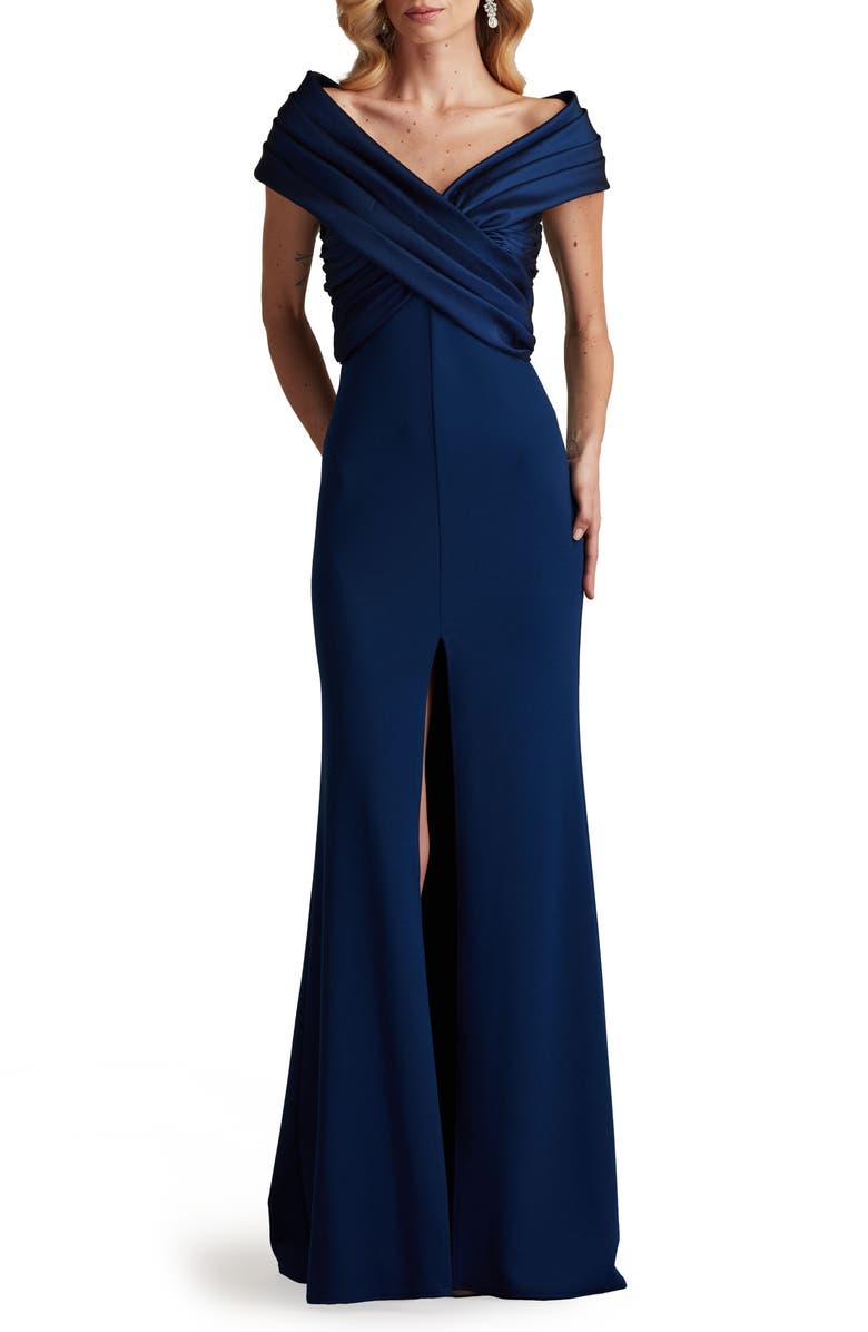 Tadashi Shoji Portrait Neck Taffeta Gown, Main, color, Navy