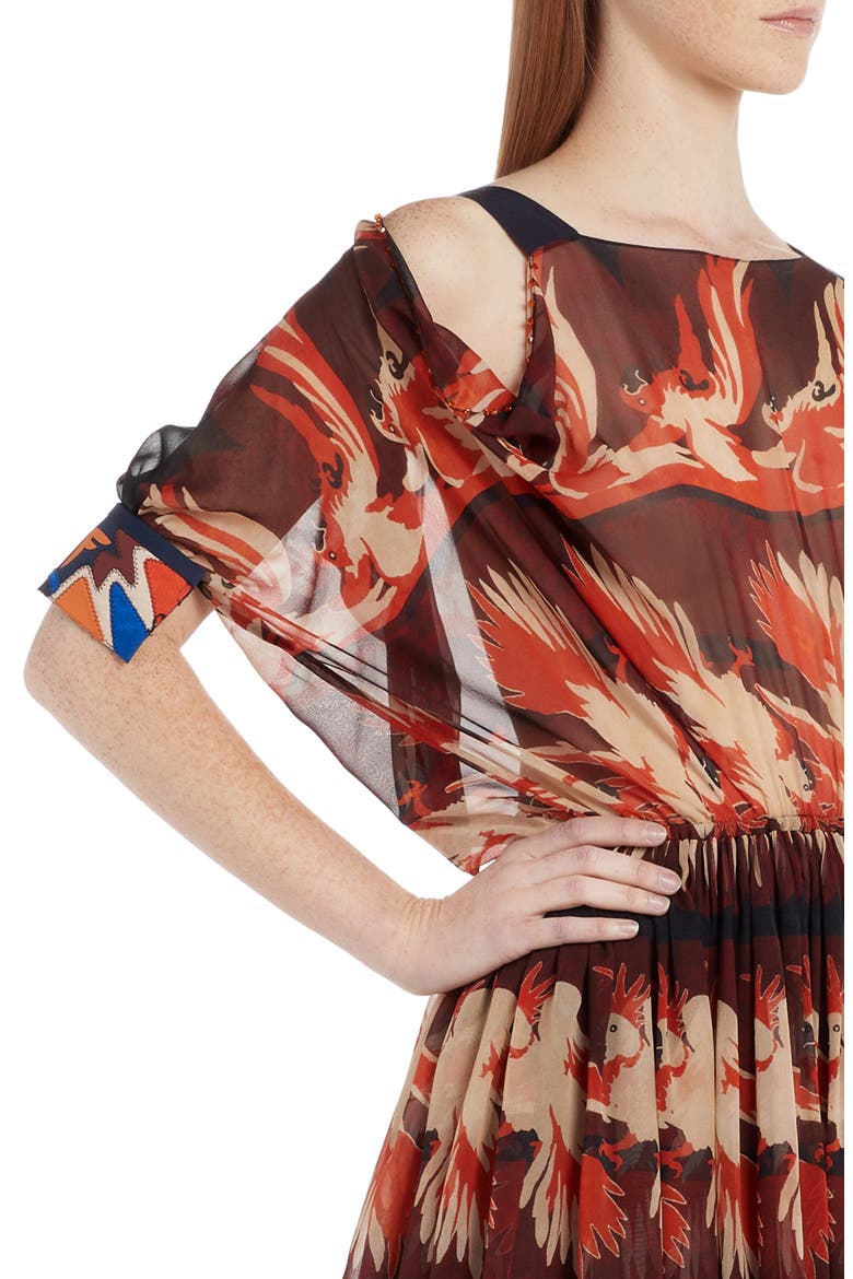 Parakeet Print Cold Shoulder Silk Dress, Alternate, color, ACAI