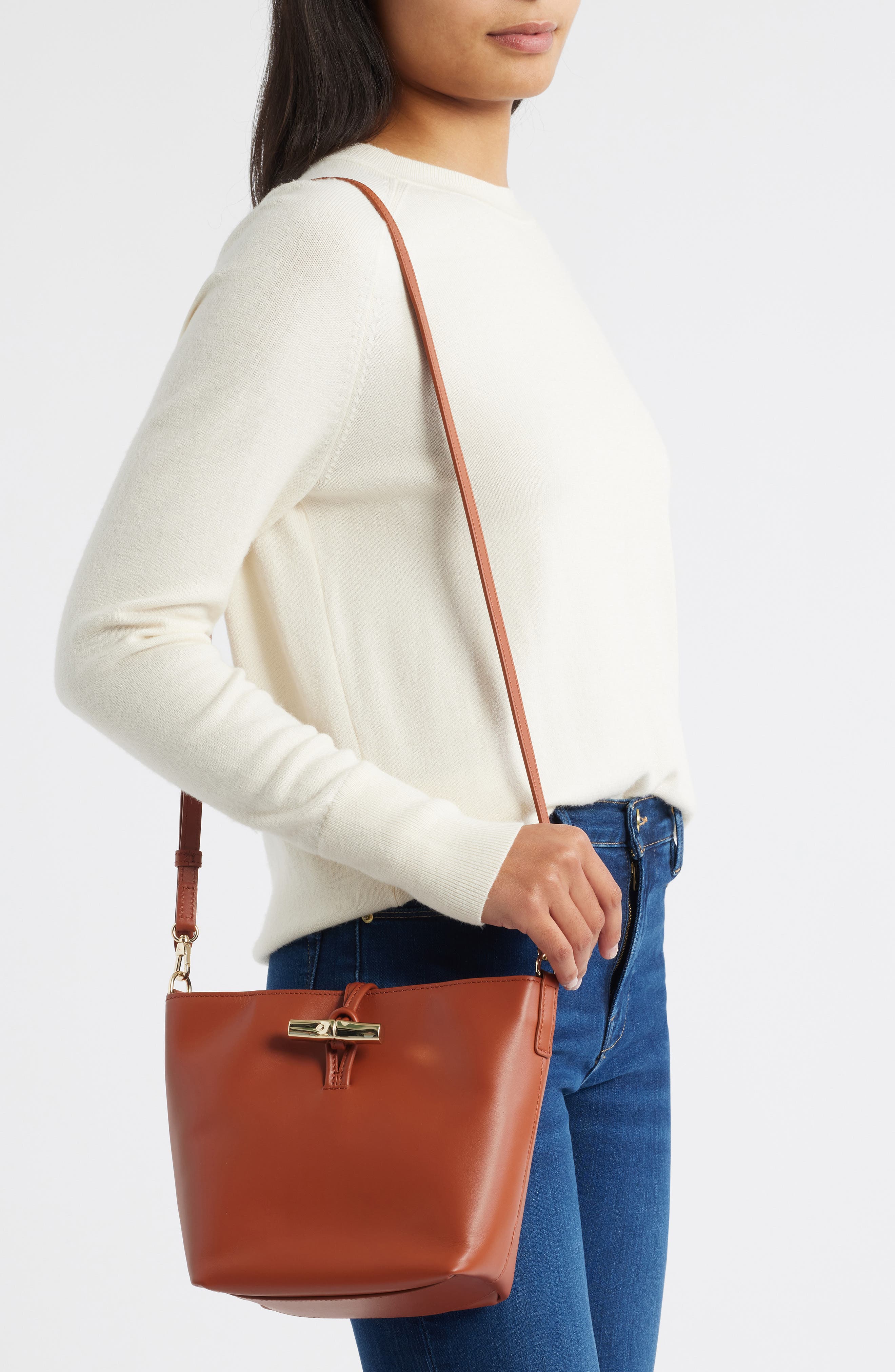 Longchamp Extra Small Le Roseau Leather Bucket Bag, Alternate, color, Bark