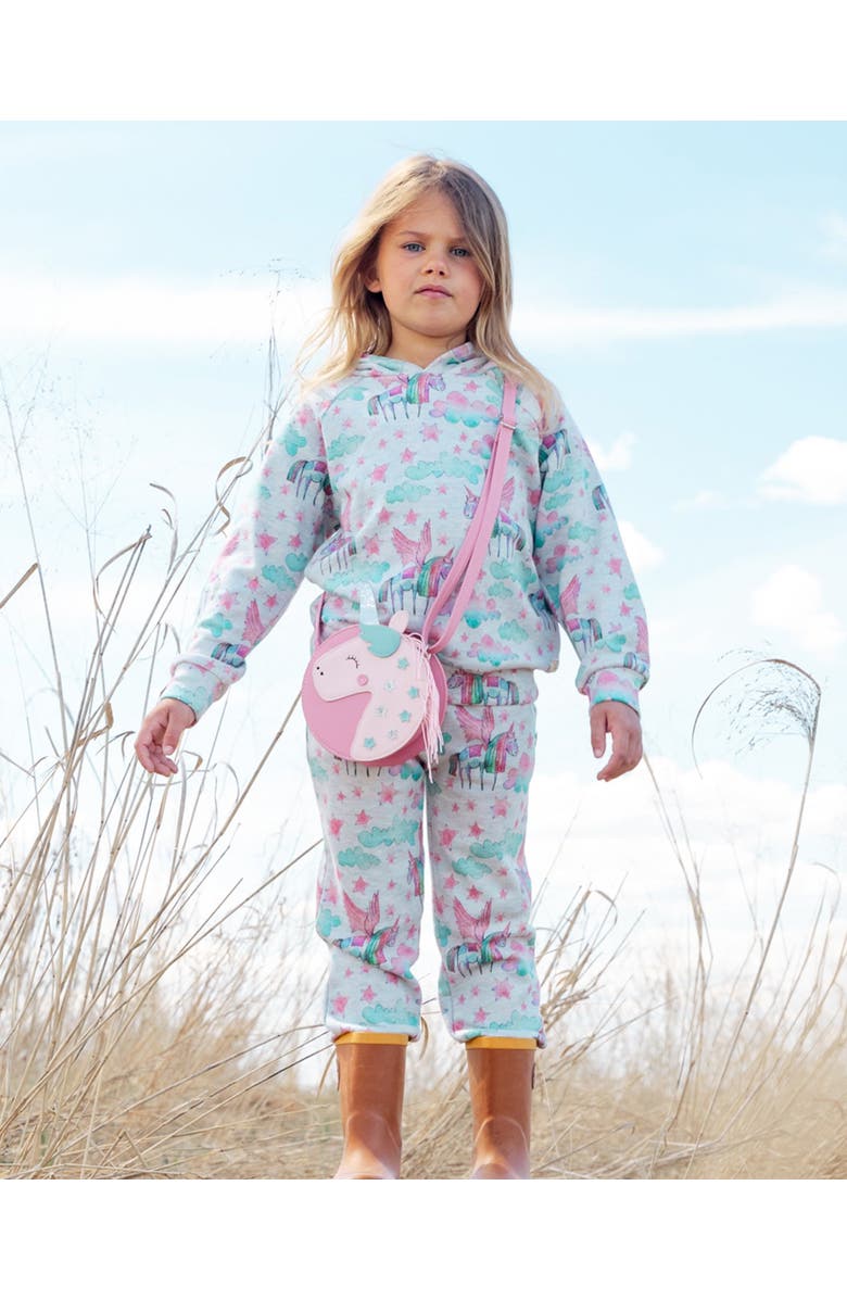 Deux par Deux Girl's Shiny French Terry Sweatpants Gray Mix Printed Unicorn, Alternate, color, 