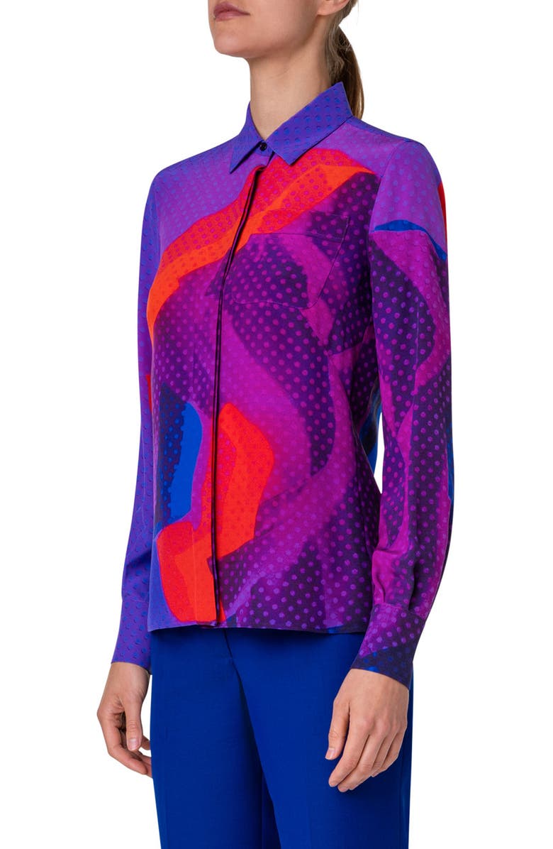 Akris Dot Print Colorblock Silk Crepe Button-Up Shirt, Alternate, color,