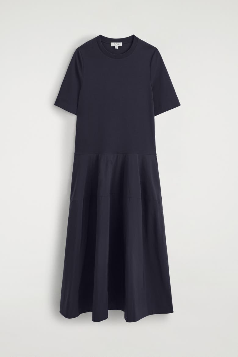Dropped-waist Contrast-panel Midi Dress, Alternate, color, NAVY