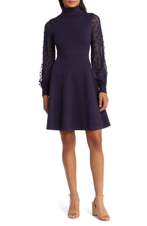 Mixed Media Long Sleeve Fit & Flare Dress