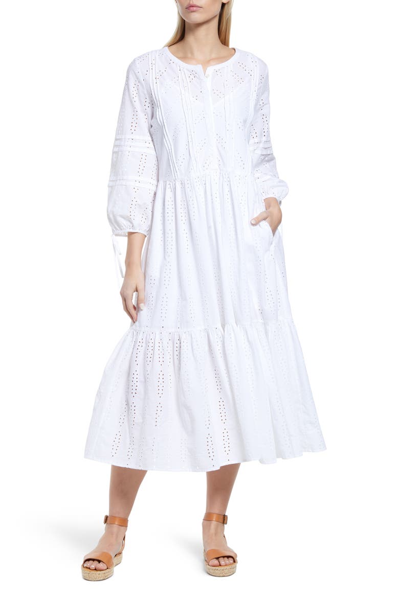 Eyelet Three-Quarter Sleeve Cotton Midi Dress, Main, color, WHITE