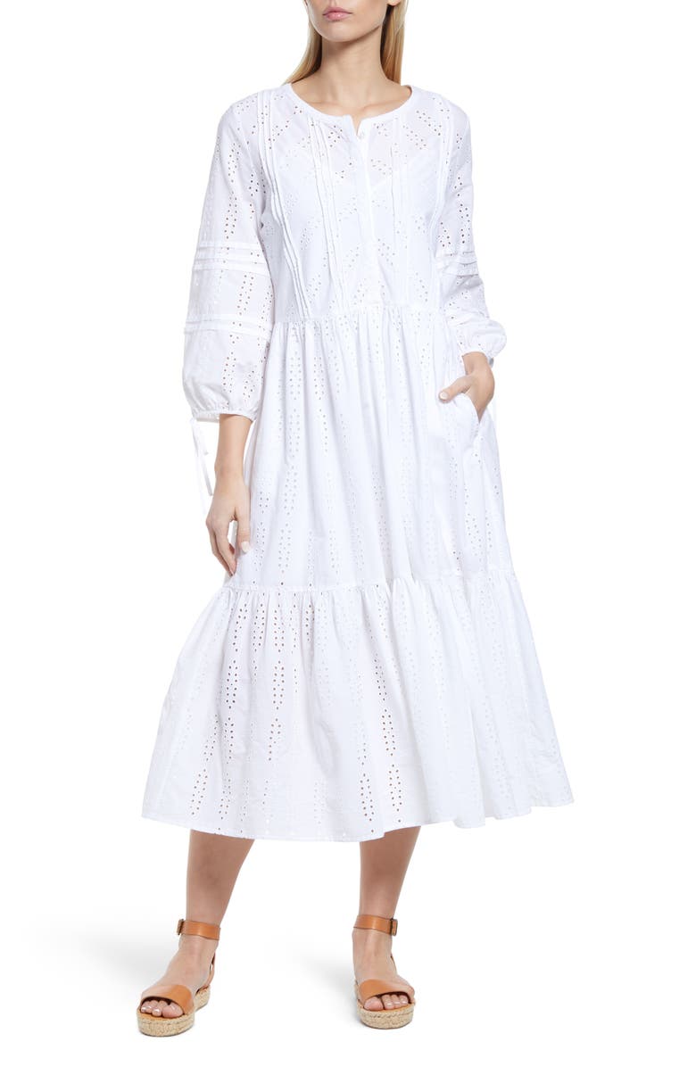 Caslon<sup>®</sup> Eyelet Three-Quarter Sleeve Cotton Midi Dress, Main, color,