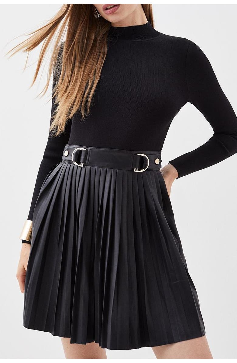 Karen Millen Knitted Top Pleated Skater Dress, Alternate, color, Black