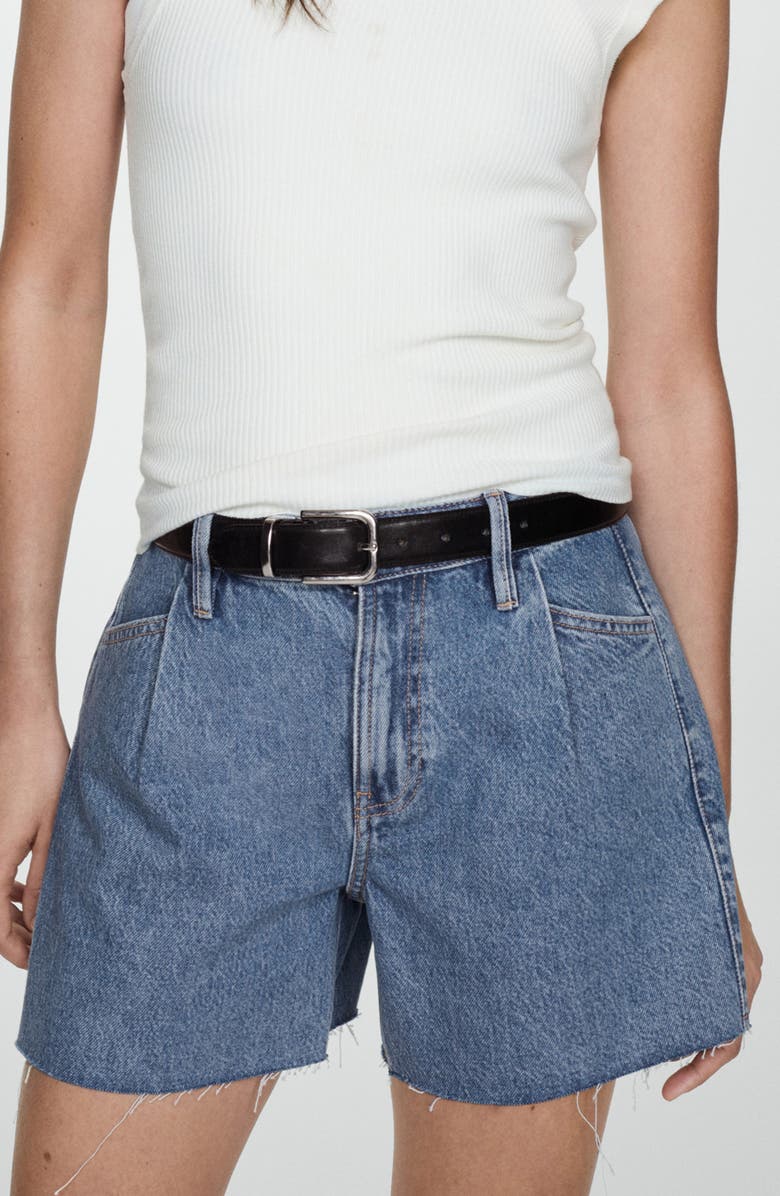 MANGO Raw Hem Pleated A-Line Denim Shorts, Alternate, color, Medium Blue