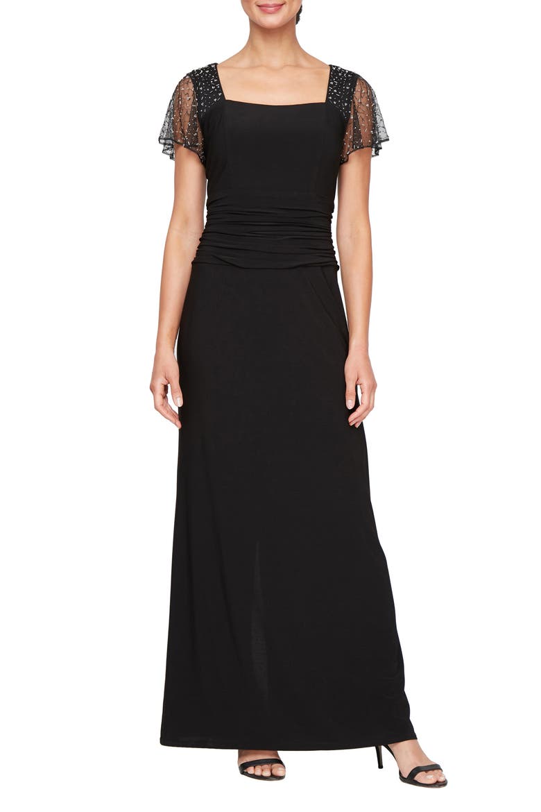 Ruched Beaded Flutter Sleeve Column Gown, Main, color, BLACK