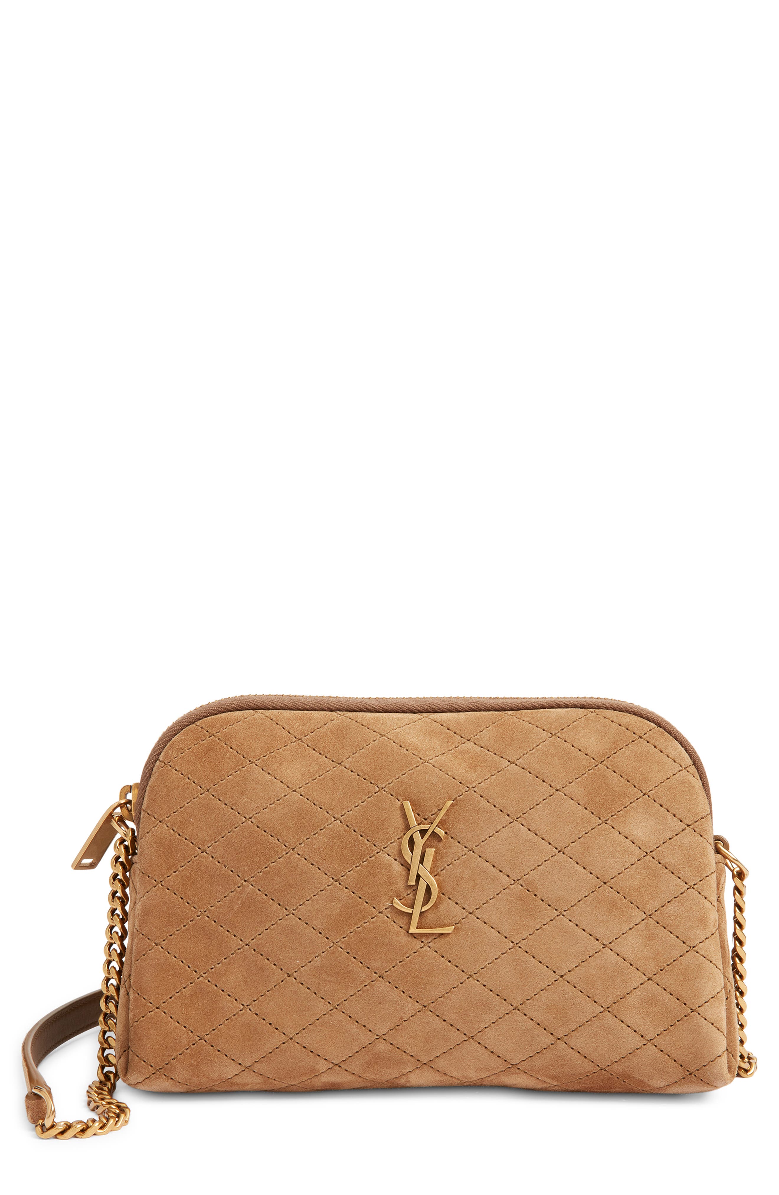 Saint Laurent Gaby Cassandre Quilted Suede Crossbody Pouch, Main, color, Golden Leaf