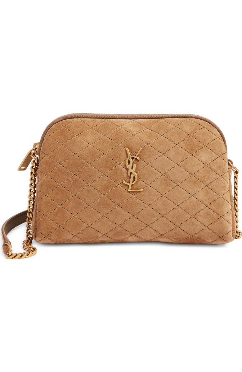 Saint Laurent Gaby Cassandre Quilted Suede Crossbody Pouch, Main, color, Golden Leaf