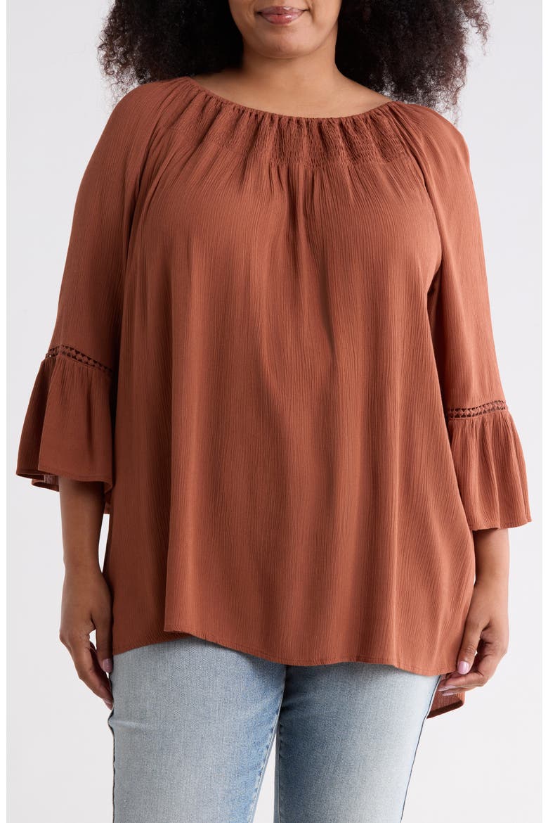 Smocked Bell Sleeve Blouse, Main, color, BROWN