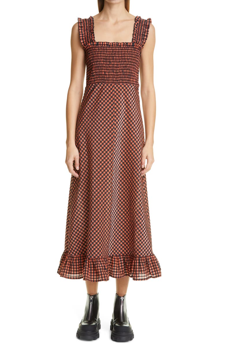 Ganni Plaid Smocked Seersucker Maxi Sundress, Main, color, 