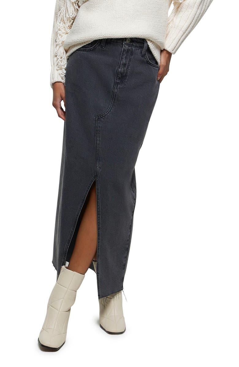 River Island Front Slit Denim Maxi Skirt, Main, color, Grey