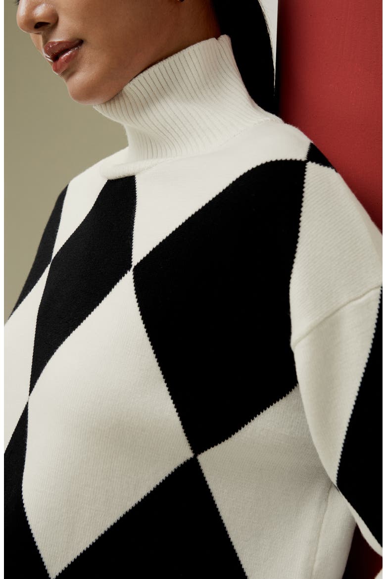 Women's Argyle Preppy Wool Sweater, Alternate, color, Black&White Diamond