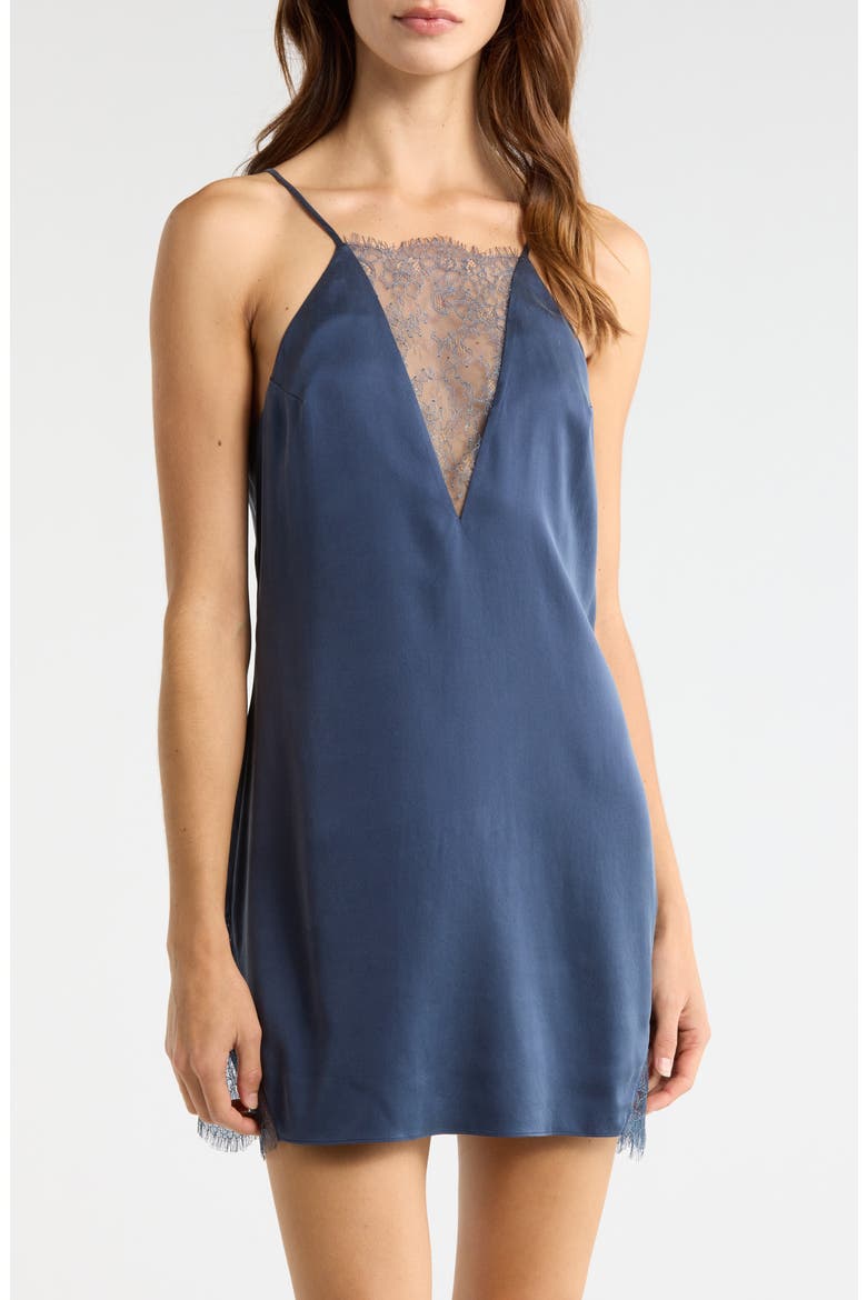 Lace Plunge Washable Silk Chemise, Main, color, DEEP BLUE