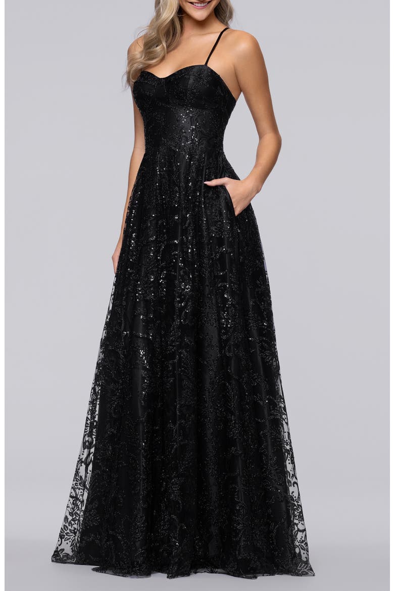 Sequin & Mesh Gown, Alternate, color, BLACK