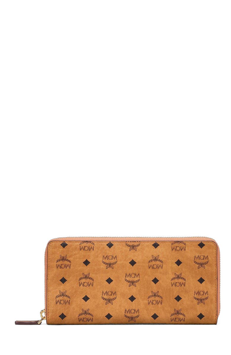 MCM Aren Zip Around Wallet in Visetos, Main, color, Cognac