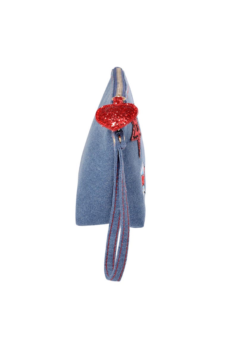 SpiderMan Denim Patch Cosmetic Pouch with Comic Pop Embellishments, Alternate, color, Denim