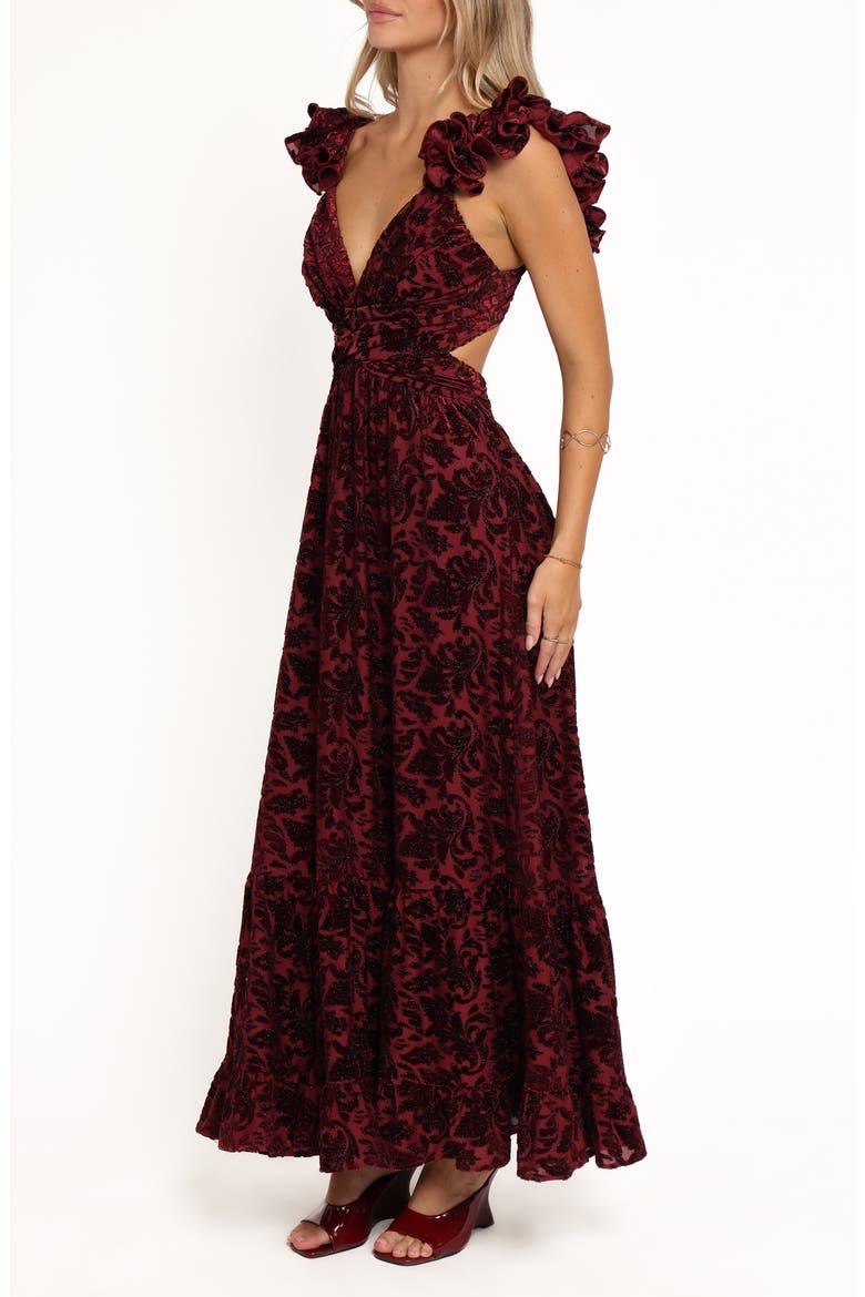 Harmony Beaded Cutout Maxi Dress, Alternate, color, BURGUNDY METALLIC FLORAL