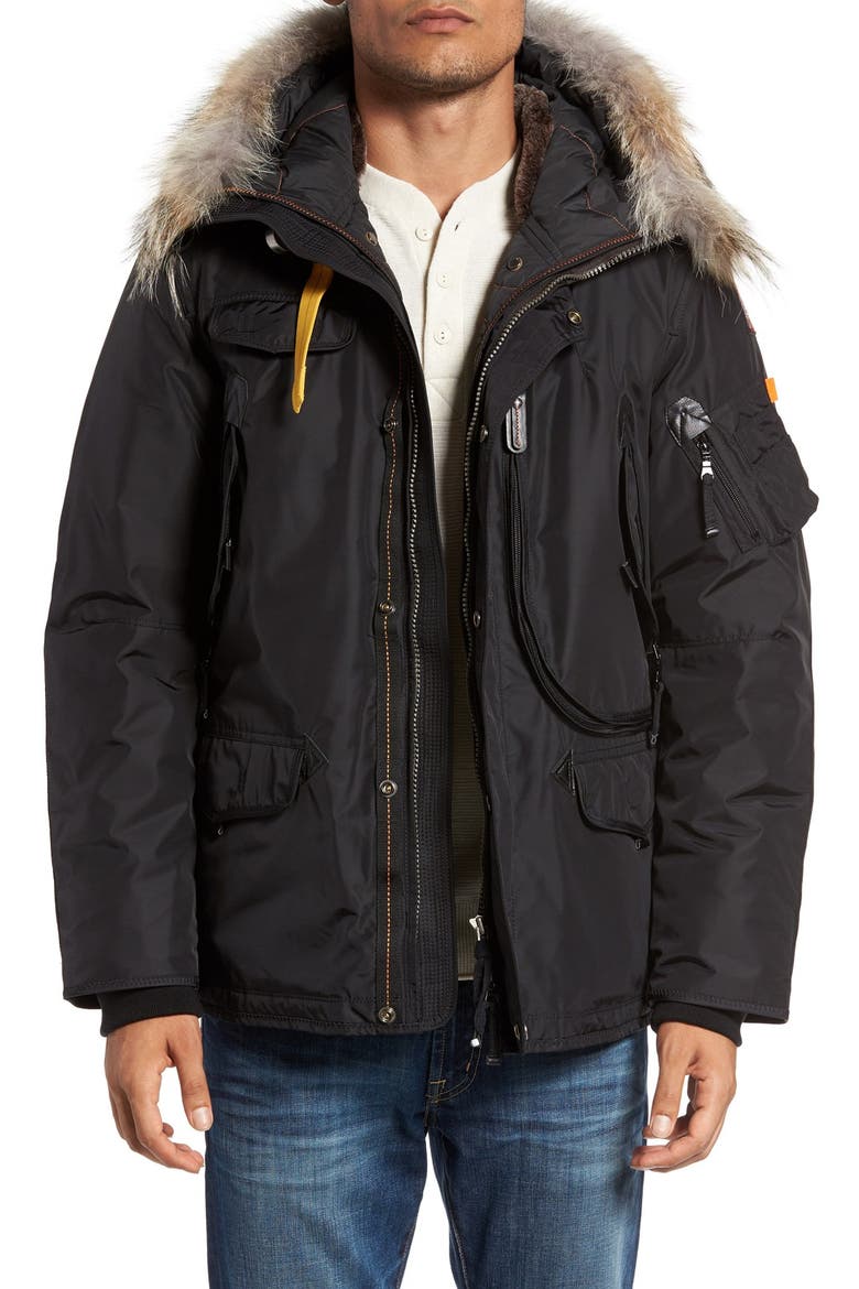 'Right Hand' Water Repellent Down Jacket with Faux Fur & Genuine Coyote Fur Trim, Main, color, BLACK