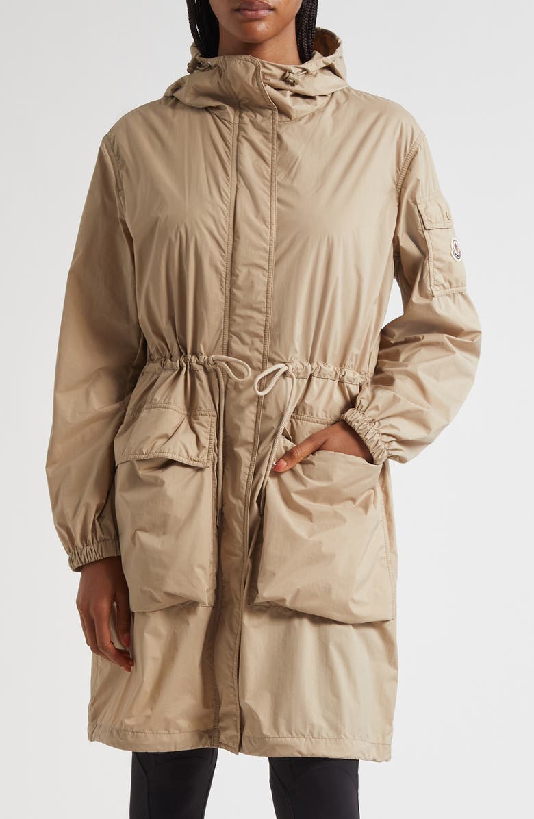 Moncler Nouilles Hooded Longline Coat, Main, color, Beige