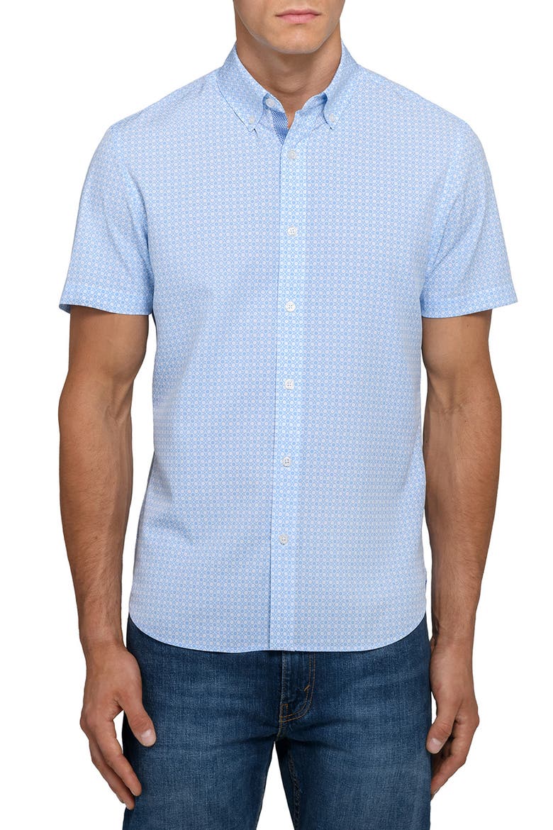 Round Checkered Woven Short Sleeve Basic, Main, color, WHITE/BLUE