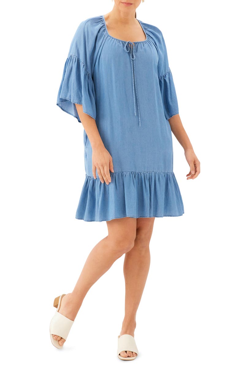 Karen Kane Ruffle Hem Chambray Dress, Main, color, Chambray