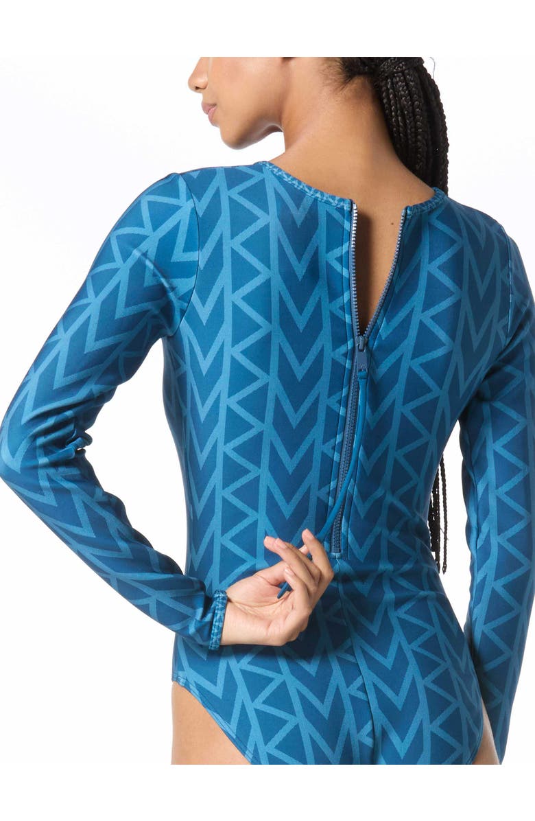 MICHAEL Michael Kors Twill Logo Long Sleeve One-Piece Swimsuit, Alternate, color, River Blue