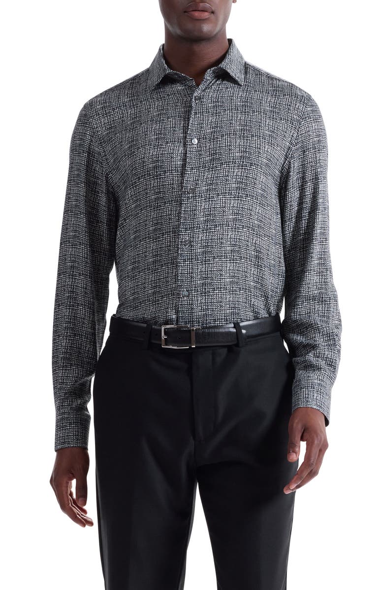 Bugatchi Julian Shaped Fit Pebble Print EcoVero<sup>™</sup> Viscose Button-Up Shirt, Main, color, Black
