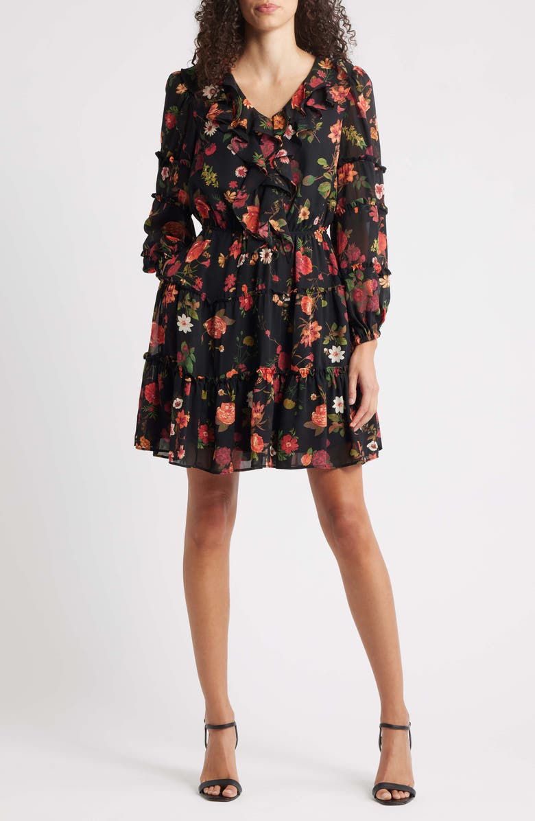 CeCe Floral Long Sleeve Ruffle Dress, Main, color, Ruby Wine