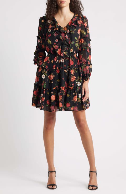 Floral Long Sleeve Ruffle Dress