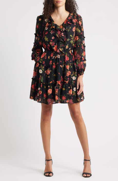CeCe Floral Long Sleeve Ruffle Dress