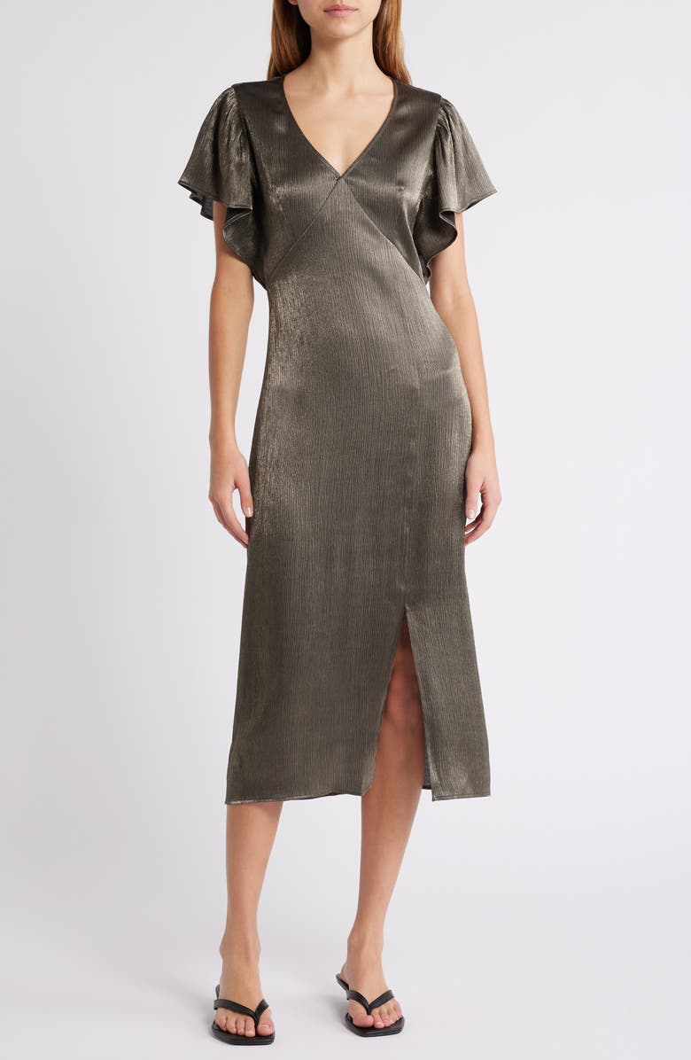 Nation LTD Pamela Flutter Sleeve Satin Midi Dress, Main, color, Graphite Foil