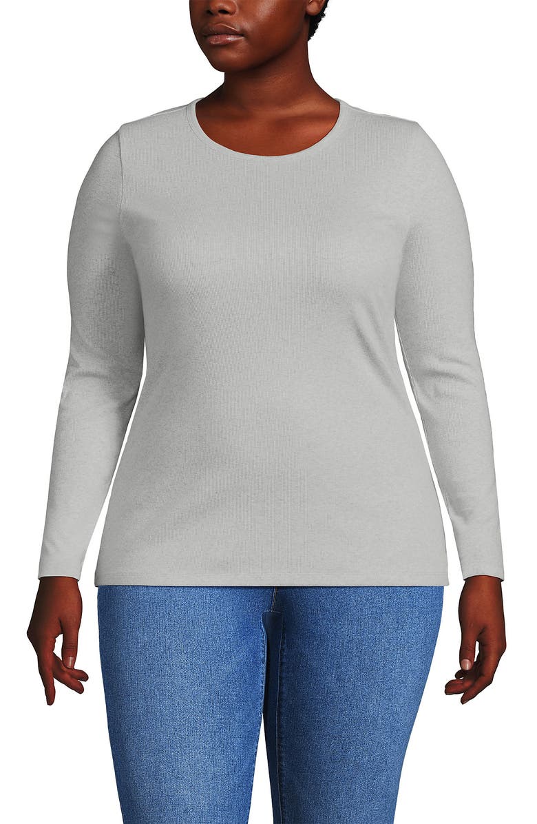 Lands' End Plus Size Long Sleeve Micro Rib T-Shirt, Main, color, Soft Light Gray Heather
