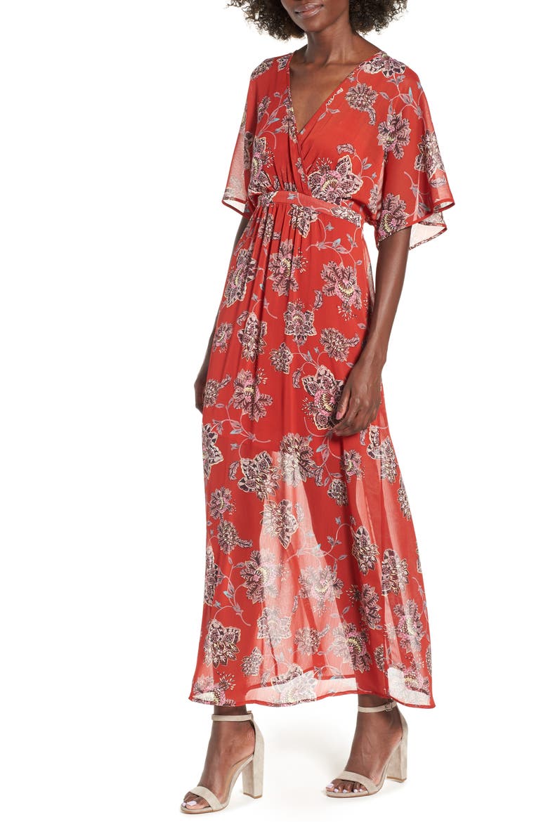 Chiffon Maxi Dress, Main, color, BRICK FLORAL