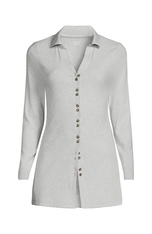 Lands' End Long Sleeve Polished Rib Button Through Tunic Shirt In Soft Light Gray Heather