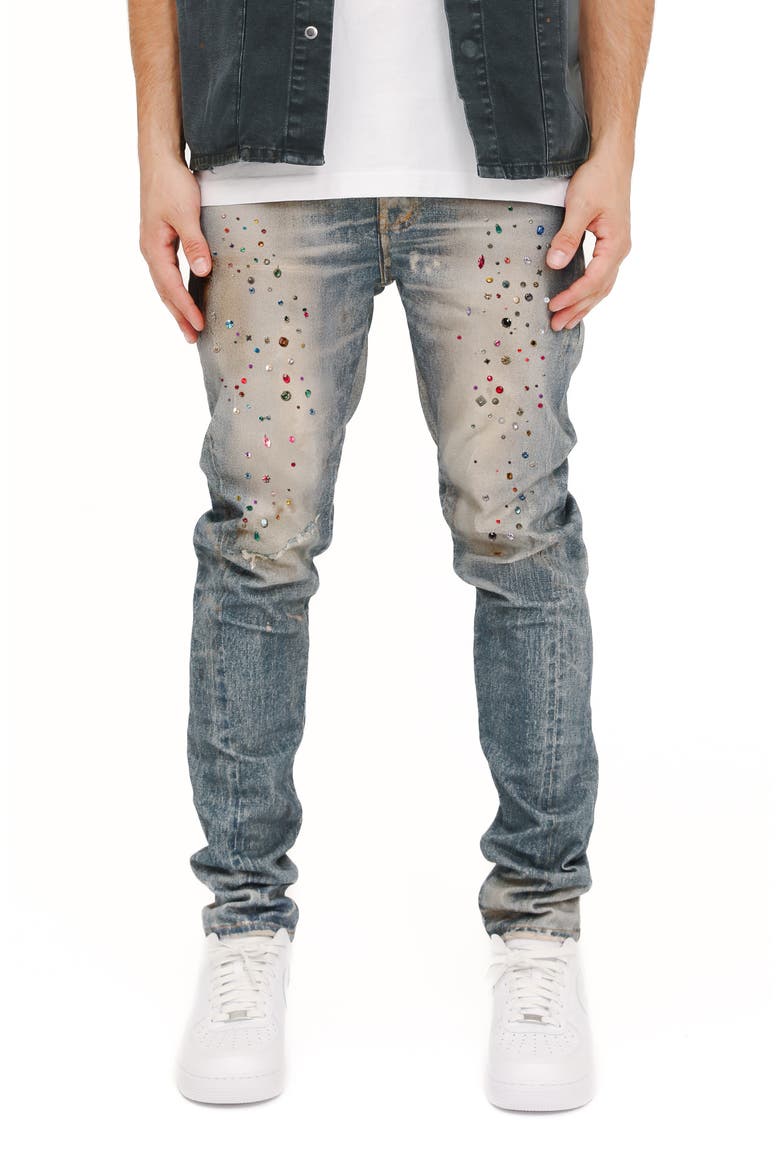 Jewel Embellished Skinny Fit Stretch Jeans, Main, color, LIGHT INDIGO