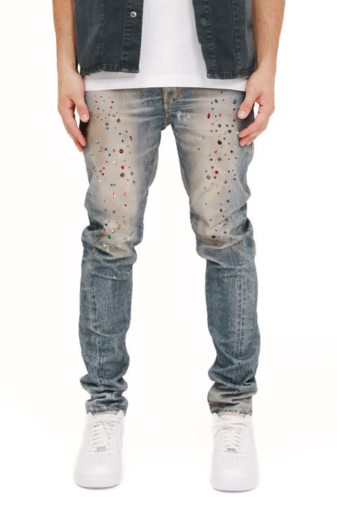 Jewel Embellished Skinny Fit Stretch Jeans (Light Indigo)
