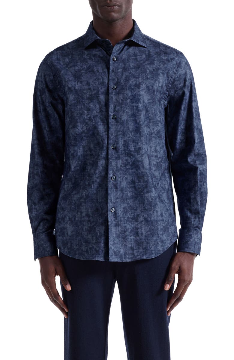 Bugatchi Axel Trim Fit Abstract Floral Cotton Button-Up Shirt, Main, color, Night Blue