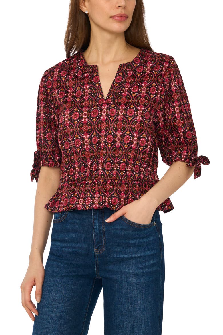 Split Neck Stretch Cotton Poplin Peplum Top, Main, color, PINK/ RICH BLACK