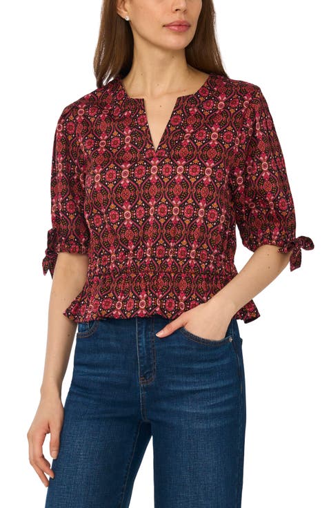 Split Neck Stretch Cotton Poplin Peplum Top