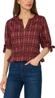 CeCe Split Neck Stretch Cotton Poplin Peplum Top