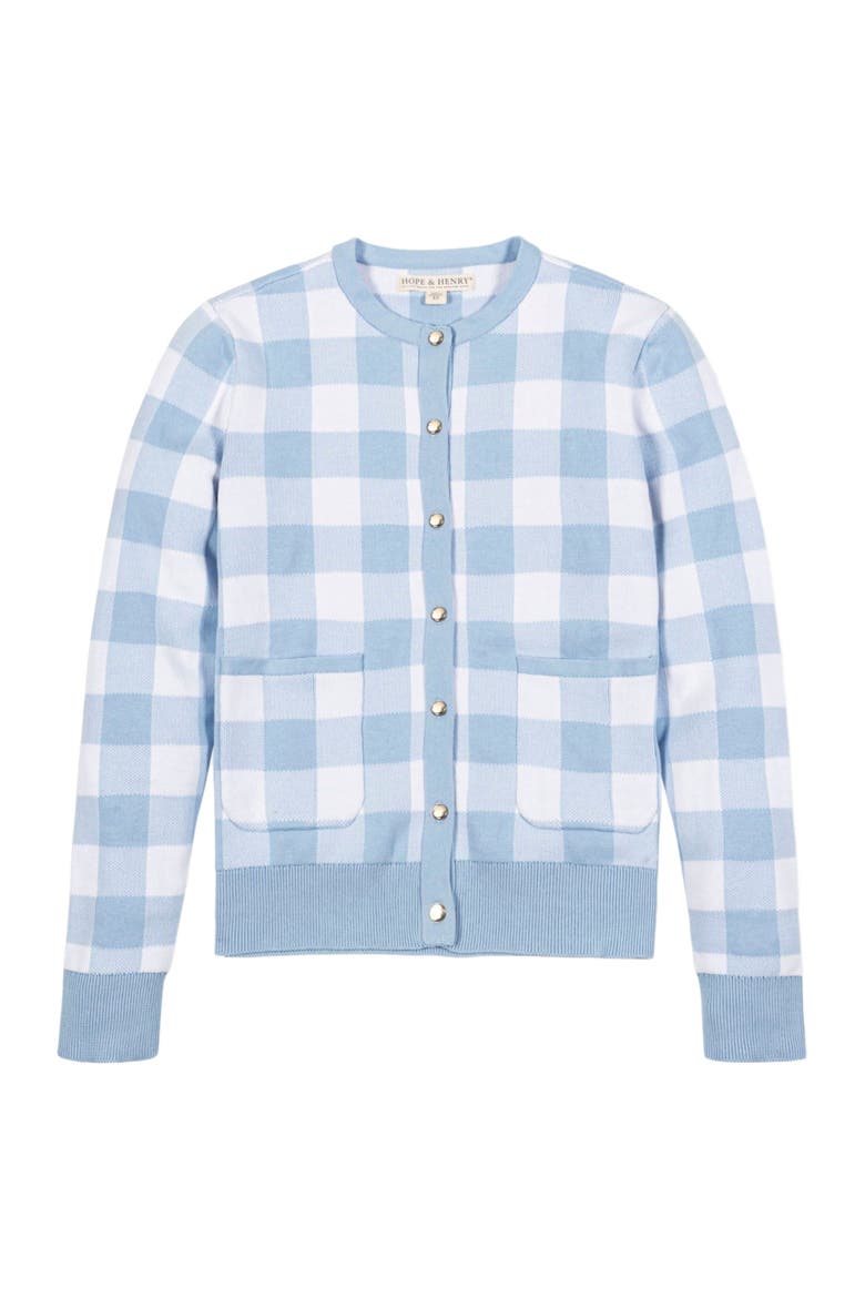 Women's Organic Tweed Sweater Cardigan, Alternate, color, Classic Blue Gingham